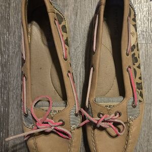 Sperry Tan Boat Shoes with Pink Laces and Leopard Trim